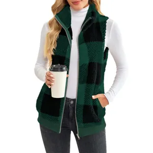 Green black plaid fleece vest detail, warm sleeveless outerwear for casual everyday wear.