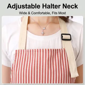 Waterproof striped kitchen apron with adjustable halter neck strap for women