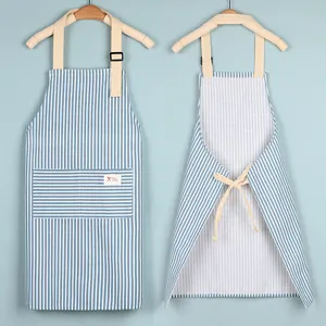 Blue and white striped waterproof kitchen apron with front pocket, front and back view