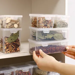 Scatola trasparente per spezie con coperchio a ribalta per organizzare la cucina e le erbe.