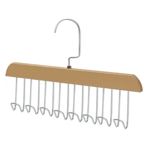 Multifunktionaler Holzbügel mit 10 Metallhaken für Unterhemden, BHs und Gürtel.