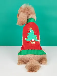 Cute Christmas dog sweater with 3D tree and pom poms, high-elastic knit pet winter apparel.