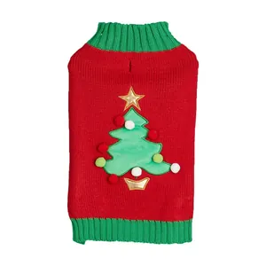 Cute Christmas tree pet knit sweater for dogs and cats, warm winter red dog apparel with pom poms.