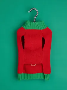 Red green pet sweater detail, knitted high collar design, winter dog clothes knit texture.