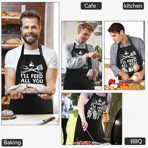 Black canvas cooking apron with fun letter print, adjustable neck strap for kitchen and BBQ.