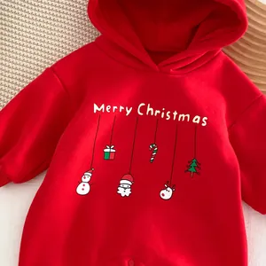 Combinaison bebe de Noel en polaire avec capuche, barboteuse rouge chaude pour garcon et fille.