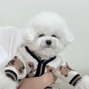 Perro blanco de pelo rizado con cárdigan de punto crema, ositos marrones y bordes negros
