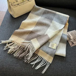 Classic plaid winter scarf for women, 100% Australian wool cozy thick tassel shawl wrap.