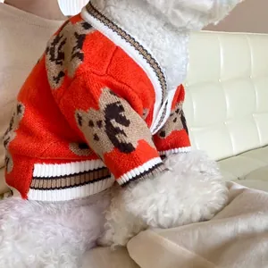 Detalle de un perro pequeño con jersey de punto rojo anaranjado, ositos marrones y puños a rayas