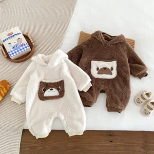 Infant winter double-sided fleece hooded jumpsuit warm romper cute animal pocket
