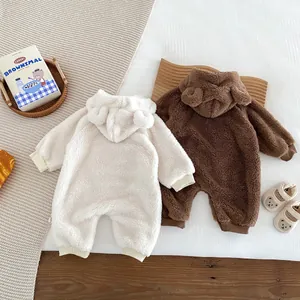 Detailed view of fluffy double-sided fleece baby jumpsuit with cute bear ears hooded design.