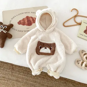 Cute fuzzy baby hooded romper with bear ears and pocket. Warm fleece winter jumpsuit for kids.