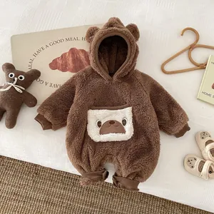 Cute brown fleece baby romper with bear ear hood and adorable pocket detail for autumn.