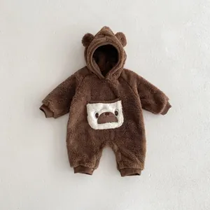Cozy fleece baby romper with bear ears hoodie and cute pocket, warm winter newborn jumpsuit for daily wear.