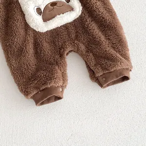 Baby winter warm fleece romper detail view, soft brown plush material with cute animal design.