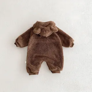 Cozy baby fleece romper with cute bear ears hooded design, warm infant winter jumpsuit.