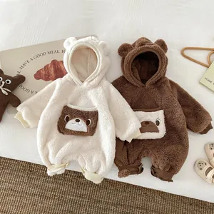 Infant baby fleece hooded romper winter warm jumpsuit cute bear pocket kids apparel