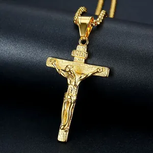 Hochwertige vergoldete Edelstahl Kreuz Anhänger Halskette für Herren und Damen
