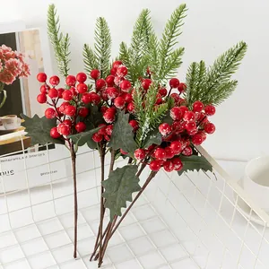 Noël Baies Rouges Artificielles Aiguilles de Pin Branches Fausses Tiges de Baies Pour Fête Décoration de la Maison Arrangement Floral
