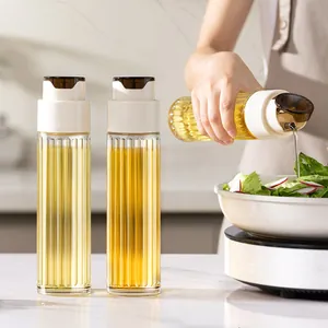 Gravity Automatic Opening Closing Glass Oil Bottle Leakproof Ribbed Vinegar Soy Sauce Container With Stainless Steel Spout For Kitchen