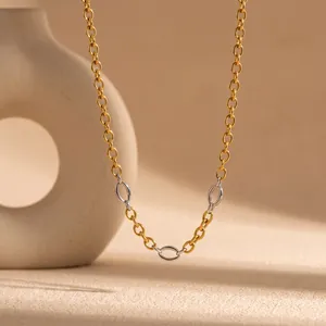Close-up of two-tone gold and silver stainless steel geometric link chain necklace
