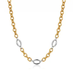 Detailed view of two-tone geometric stainless steel chain necklace with 18k gold plating