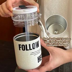 Tazza da caffè portatile compatta in acciaio inox 316 con cannuccia e graduazioni