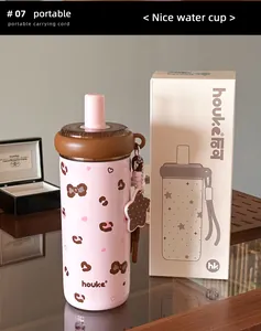 Detail view of a pink leopard print insulated water bottle with its original packaging box