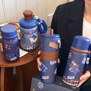 Mode Denim Textur Vakuumisolierter Becher Mit Strohhalm Kreativer Amerikanischer Retro Edelstahl Tragbarer Tumbler Für Studenten