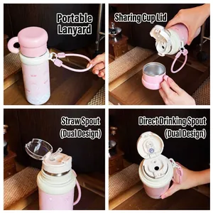 Bouteille isotherme en acier rose avec double bec de boisson et sangle de transport portable