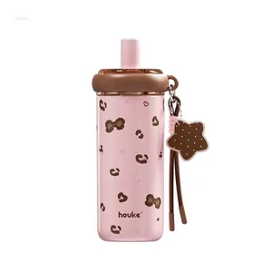 Premium pink stainless steel straw vacuum flask with leopard print and star charm