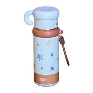 Bouteille isotherme en acier inoxydable bleu et marron avec motif étoiles Happy Time