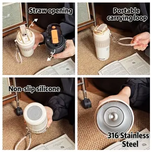 Isolierter 316 Edelstahl-Kaffeebecher mit Doppeltrinkdeckel und tragbarem Schlüsselband