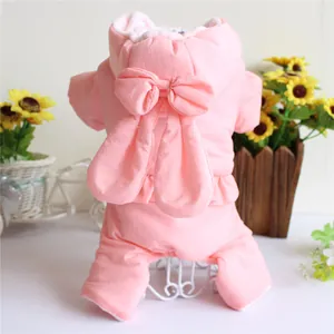 Rear view detail of pink pet dog coat with plush rabbit ears and bow decoration
