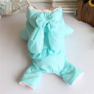 Detailed back view of a light blue puppy winter coat featuring cute bunny ears and bow