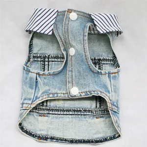 Stylish distressed light blue denim vest for dogs featuring a striped collar and snaps