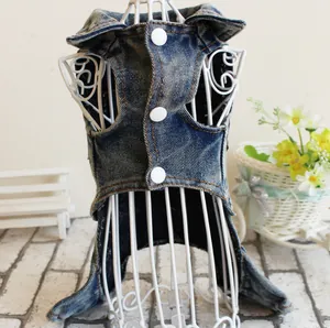 Detailweergave van een blauw denim vest voor huisdieren met witte knopen op model.