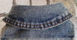 Gedetailleerde macro-opname van een blauwe denim hondensuitkraag met gele stiksels