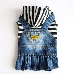 Detailed view of striped pet hoodie with banana embroidered denim skirt for small dogs