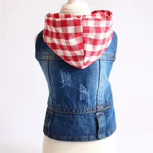 Pet Dog Hooded Denim Vest Red Plaid Patchwork Casual Dog Clothes For Small Dogs Teddy Bichon Distressed Denim Jacket Vest