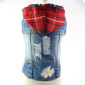 Pet Dog Denim Vest Hooded Plaid Distressed Jeans Jacket With Daisy Embroidery For Teddy Bichon Small Dogs Puppy Clothing