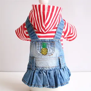 Cute Pineapple Embroidered Striped Pet Dog Denim Dress Ruffle Hooded Puppy Skirt For Small Dogs Autumn Winter Clothing