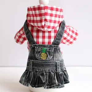 Pet Dog Dress Gingham Hooded Top Denim Skirt Splicing Pineapple Embroidery Puppy Clothes For Teddy Small Dogs