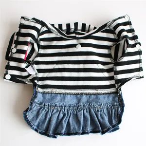 Interior view of black and white striped pet dress with blue denim ruffled skirt detail
