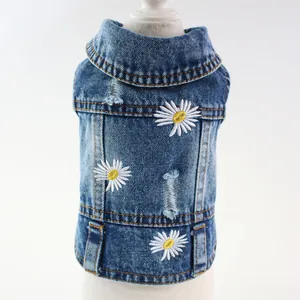 Pet Dog Denim Vest Daisy Embroidery Distressed Small Dog Jean Jacket For Bichon Teddy Puppy Cat Vest Apparel