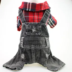 Pet Dog Plaid Shirt Denim Jumpsuit Four-Legged Romper Distressed Jeans Clothes For Small Dogs Puppy Spring Autumn Winter