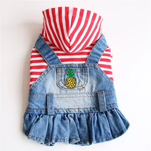 Striped pet hoodie with pineapple embroidery denim skirt outfit for small dogs