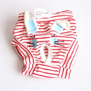 Detailed view of red and white striped pet physiological pants with cartoon face design