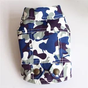 Detailed view of the blue camouflage pattern and buttons on this stylish pet vest