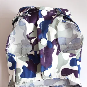 Macro detail of camouflage printed pet vest showing white snap buttons and fabric texture